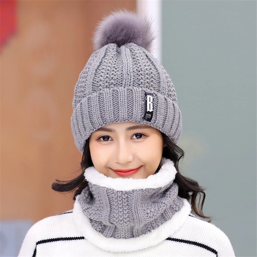 Winter Womens Hats And Scarves New Beanie Sets Include Neck Color Gray